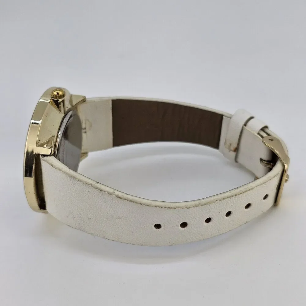 Bob Mackie Women's Watch 40MM Gold Dial White Leather Bands‎ New Battery